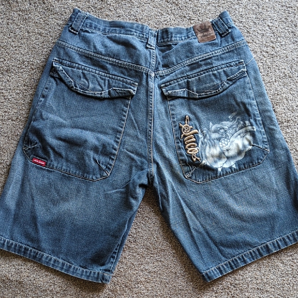 Vintage JNCO Graffiti Bulldog Embroidered Denim Shorts